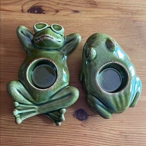 Partylite Green Frog Ceramic Vintage Candle Holders